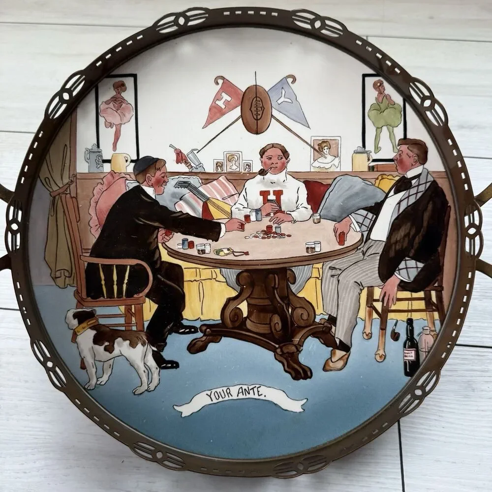 Antique German Porcelain Poker Serving Tray Your Ante Brass Metal Rim WMF Style